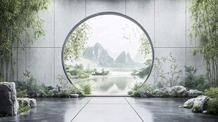 中式圆窗景 山水入画境