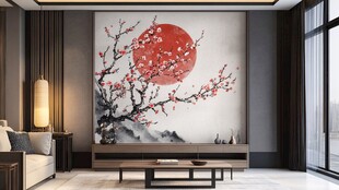 中式客厅红梅红日背景墙
