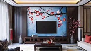 中式客厅电视墙红梅装饰