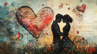 浪漫情侣心型背景剪影图