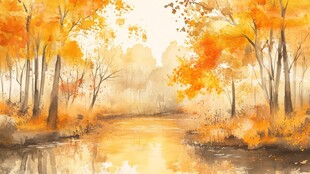 秋日河畔金黄树林美景