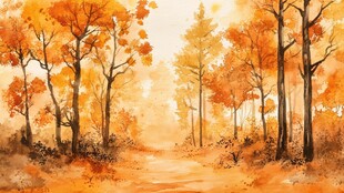 秋日林间小道水彩风景图