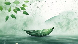 一叶扁舟泛于青山绿水间