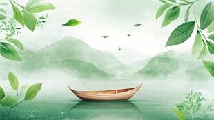 一叶轻舟泛于绿意山水间