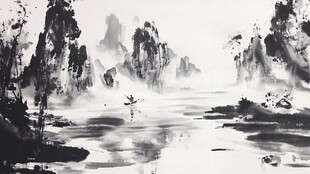 水墨山水间的孤舟逸景