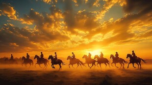 夕阳下策马奔腾的壮丽景象