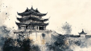 水墨古风古建筑意境图