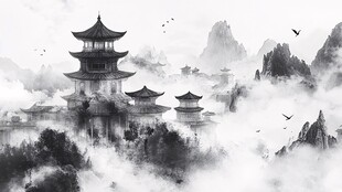 水墨古风亭阁云雾山水景