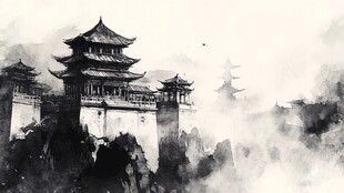 水墨古风楼阁山水意境图