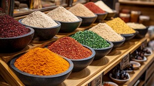 多样香料陈列在货架上