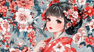 古风红衣少女与繁花相伴