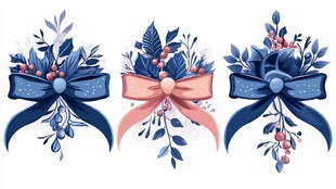 三朵精美蓝粉花卉蝴蝶结