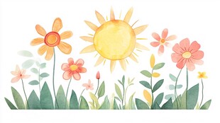 阳光花卉水彩插画