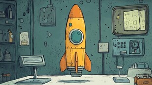 实验室中的橙色卡通火箭