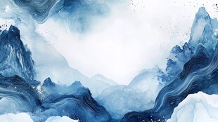 水墨蓝调山水意境图