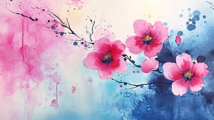 水彩绘就的艳丽桃花枝头