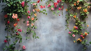 蔷薇爬满灰墙的美丽景致