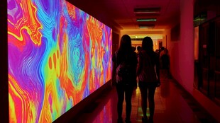 绚丽光影走廊中的参观者