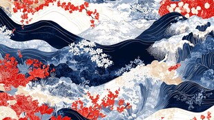 日式海浪花卉图案插画
