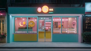 清新风甜品店外观夜景