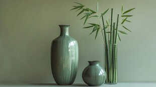 青釉花瓶与翠竹雅致组合