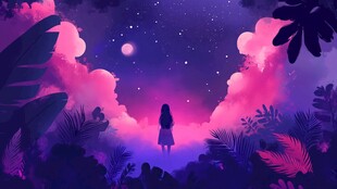 女孩漫步梦幻星空雨林