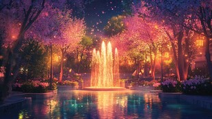 梦幻夜景喷泉旁烂漫花树