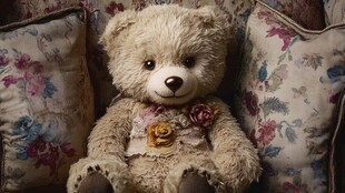 复古风泰迪熊坐于花枕间