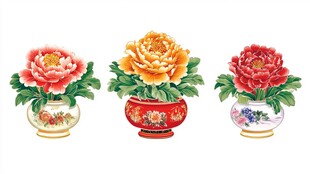 三盆牡丹插于精美花瓶中
