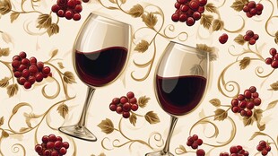 两杯红酒与葡萄藤蔓图案