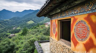 山间彩饰古居与葱茏景致