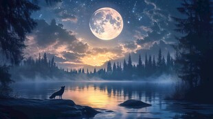 月夜湖畔孤狼的静谧之景