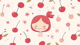 可爱女孩与樱桃花卉图案