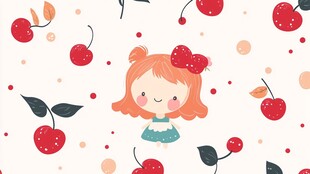 可爱女孩与樱桃的童趣画面