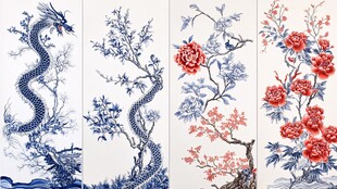 青花瓷龙与花卉图案组图