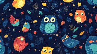 可爱猫头鹰与多彩小鸟图案