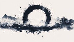 水墨圆环山水意境图