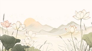 水墨荷塘日出山水意境图