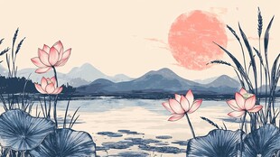 夕阳下的荷塘山水美景