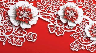 中式剪纸风红白花卉装饰