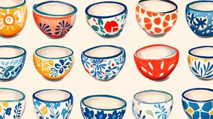 多彩手绘花纹陶瓷碗集合