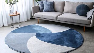 蓝白几何图案圆形客厅地毯