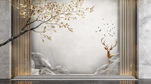 新中式麋鹿花鸟意境背景图