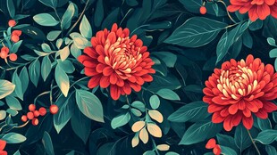 深红花卉与绿叶图案背景
