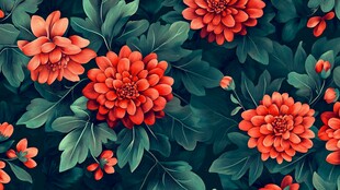 橙红花卉绿叶无缝图案