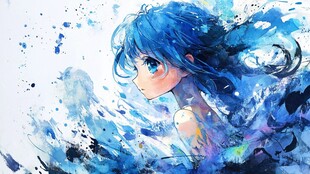 蓝发动漫少女的梦幻水彩风