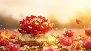 金色莲花聚宝盆散发光芒