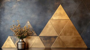 金色几何墙面与花瓶装饰