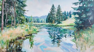 森林湖畔美景水彩画