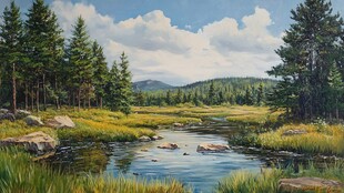 山间溪流旁的茂密森林